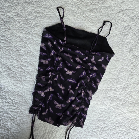 Urban Outfitters Purple Butterfly Mesh Side Cinch Drawstring Ruched Tank Top - Picture 7 of 8